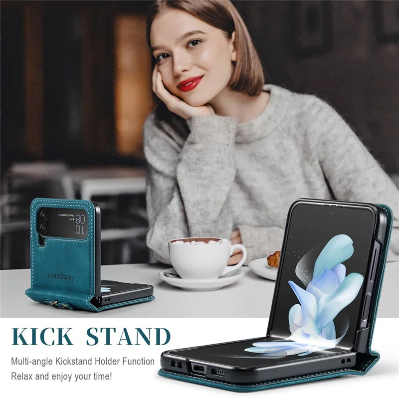 AUTSPACE A01 Series Shockproof Case for Samsung Galaxy Z Flip4 5G PU Leather + PC Vintage Matte Protective Case with Strap - Blue