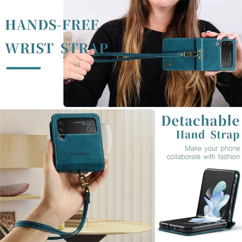 AUTSPACE A01 Series Shockproof Case for Samsung Galaxy Z Flip4 5G PU Leather + PC Vintage Matte Protective Case with Strap - Blue