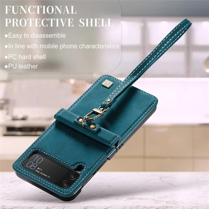 AUTSPACE A01 Series Shockproof Case for Samsung Galaxy Z Flip4 5G PU Leather + PC Vintage Matte Protective Case with Strap - Blue