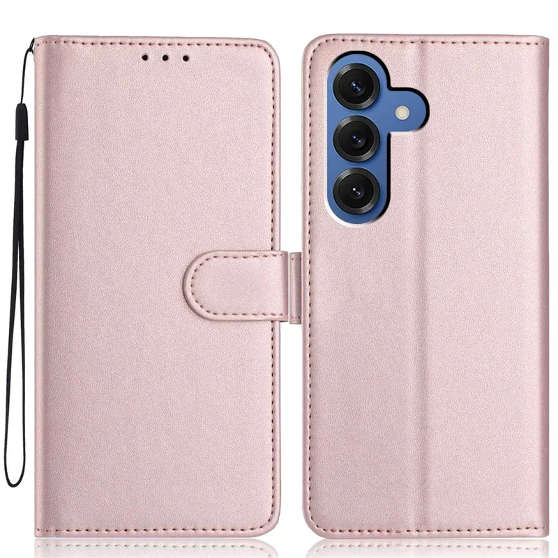 For Samsung Galaxy S26 Wallet Case with Strap / Multiple Card Slots Solid Color Leather Stand Phone Cover - Rose Gold