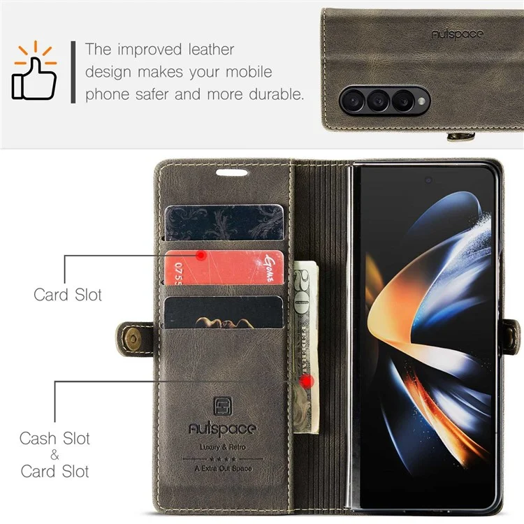 AUTSPACE A01 -serie Telefonhülle Für Samsung Galaxy Z Fold4 5G PU Leder Schutzhülle Magnetische Verschluss Vintage Matt Wallet Stand Cover - Kaffee