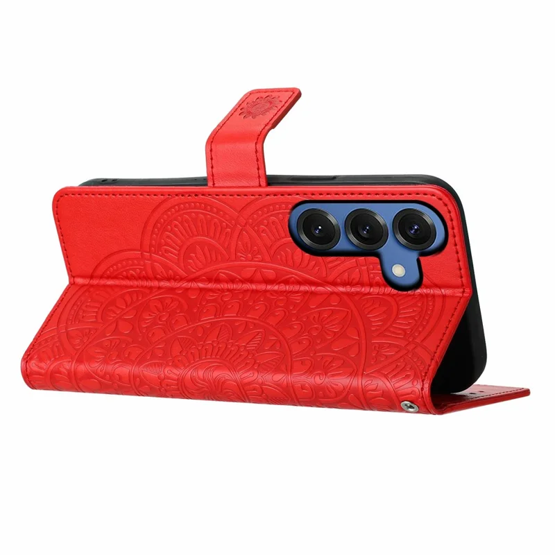 For Samsung Galaxy S26 Leather Case with Card Slots Mandala Pattern Phone Cover Stand - Red