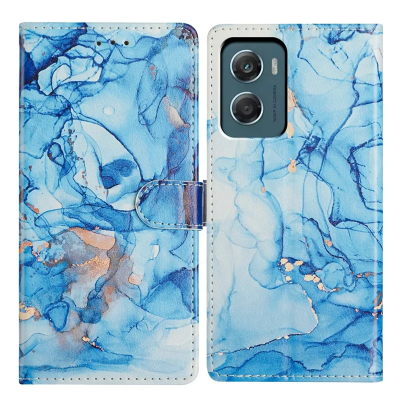 For Motorola Moto G06 Power 4G / G06 4G Case Pattern Printing Wallet Stand Flip Leather Phone Cover with Strap - Blue Marble
