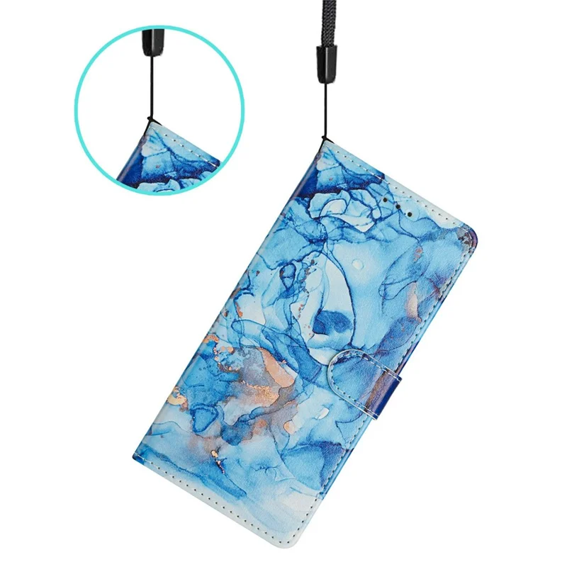For Motorola Moto G06 Power 4G / G06 4G Case Pattern Printing Wallet Stand Flip Leather Phone Cover with Strap - Blue Marble