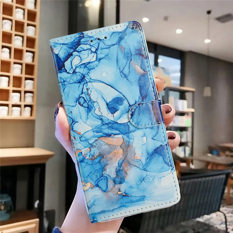 For Motorola Moto G06 Power 4G / G06 4G Case Pattern Printing Wallet Stand Flip Leather Phone Cover with Strap - Blue Marble