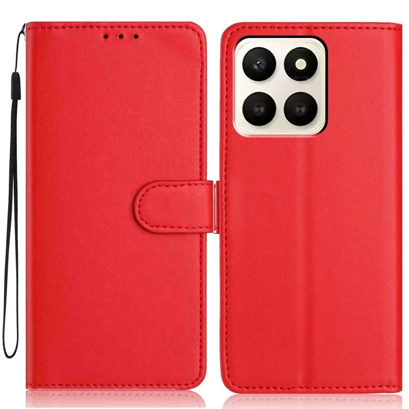 For Honor X7d 5G Wallet Case with Strap  /  Multiple Card Slots Solid Color Leather Stand Phone Cover - Red