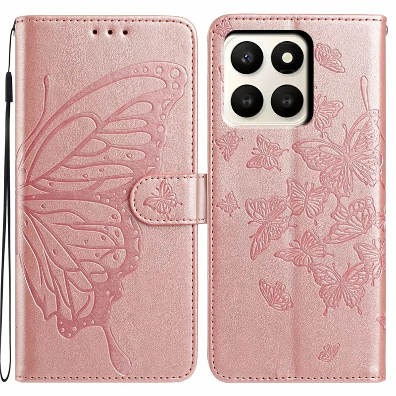 For Honor X7d 5G Case Butterfly Imprinted Wallet Stand PU Leather Flip Phone Cover with Strap - Rose Gold