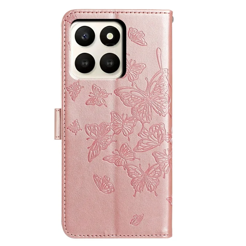 For Honor X7d 5G Case Butterfly Imprinted Wallet Stand PU Leather Flip Phone Cover with Strap - Rose Gold