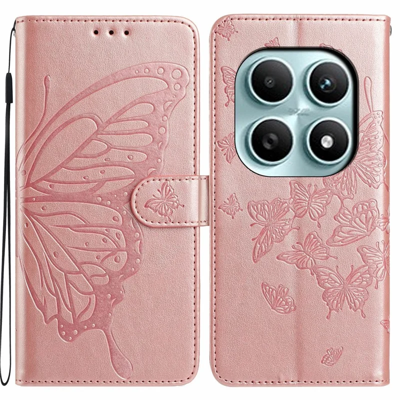 For Xiaomi Poco M8 5G / Redmi Note 15 5G (Global) Case Butterfly Imprinted Wallet Stand PU Leather Flip Phone Cover with Strap - Rose Gold