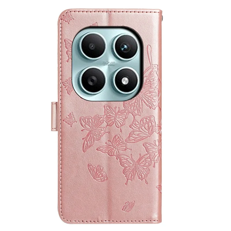 For Xiaomi Poco M8 5G / Redmi Note 15 5G (Global) Case Butterfly Imprinted Wallet Stand PU Leather Flip Phone Cover with Strap - Rose Gold