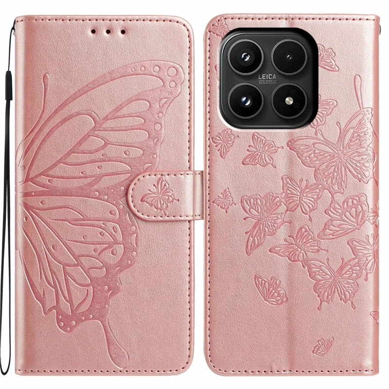 For Xiaomi 17 Case Butterfly Imprinted Wallet Stand PU Leather Flip Phone Cover with Strap - Rose Gold