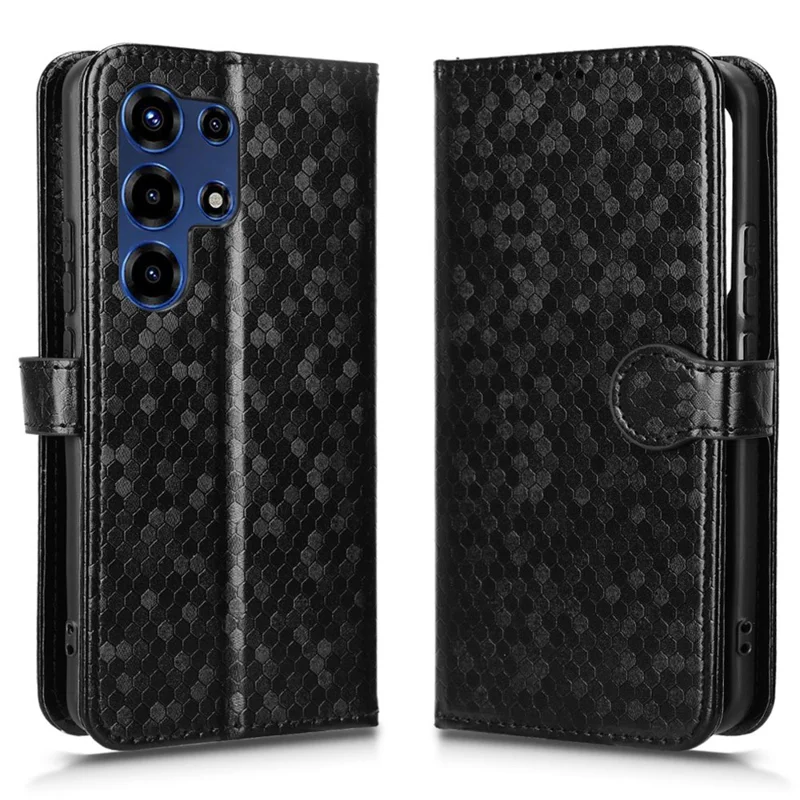 For itel Super 26 Ultra Wallet Case Dot Pattern Imprint PU Leather Phone Cover with Wrist Strap - Black