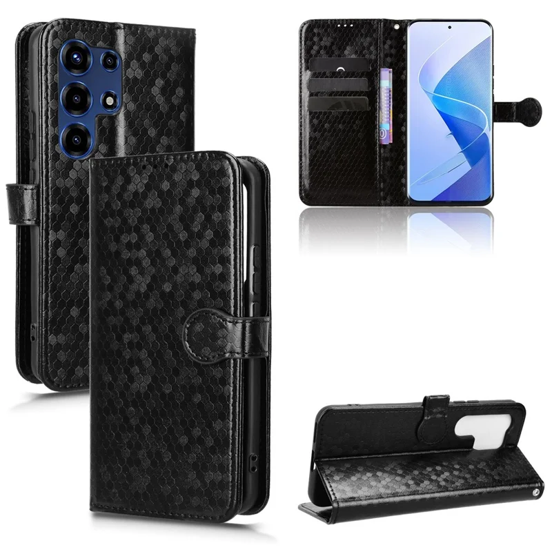 For itel Super 26 Ultra Wallet Case Dot Pattern Imprint PU Leather Phone Cover with Wrist Strap - Black