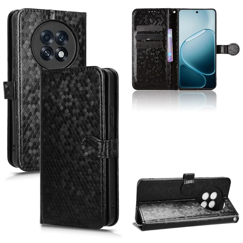 For Oppo F31 Pro+ 5G  /  A6 GT 5G Wallet Case Dot Pattern Imprint PU Leather Phone Cover with Wrist Strap - Black