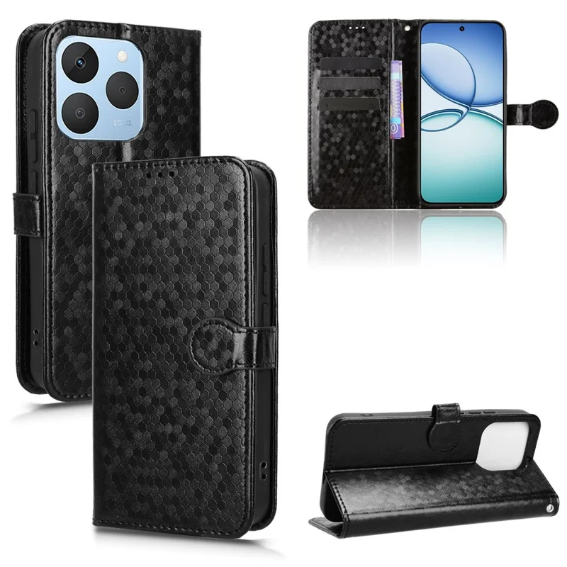 For Realme 15T 5G Wallet Case Dot Pattern Imprint PU Leather Phone Cover with Wrist Strap - Black