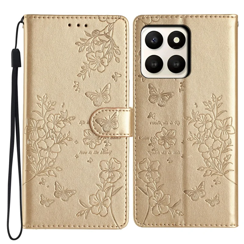 For Honor X7d 5G Wallet Phone Case Butterfly Floral Imprint Leather Flip Cover with Strap - Gold