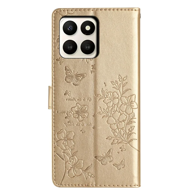 For Honor X7d 5G Wallet Phone Case Butterfly Floral Imprint Leather Flip Cover with Strap - Gold