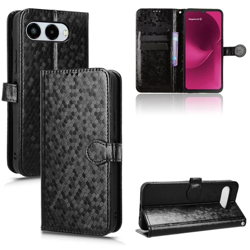 For T-Mobile REVVL 8  /  T Phone 3 Wallet Case Dot Pattern Imprint PU Leather Phone Cover with Wrist Strap - Black