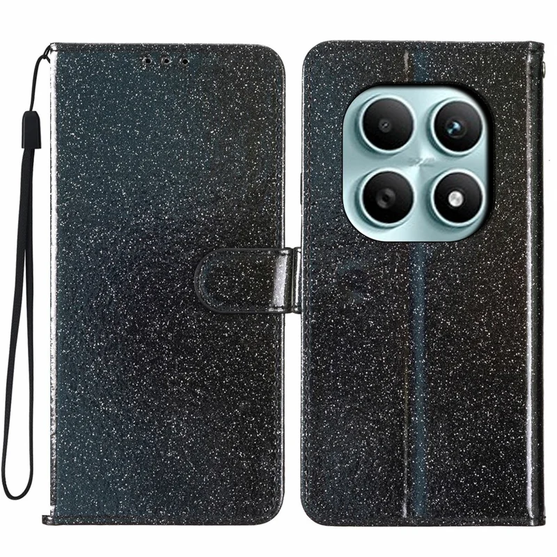 For Xiaomi Poco M8 5G / Redmi Note 15 5G (Global) Wallet Case Glitter Anti-Scratch Leather Stand Phone Cover with Strap - Black