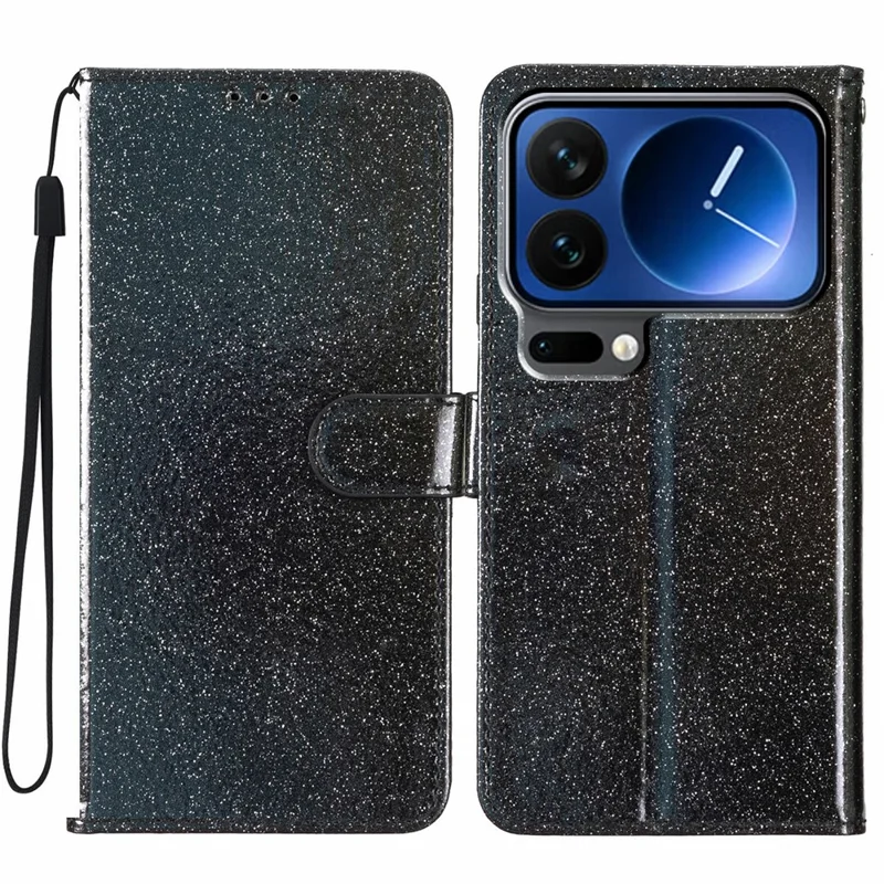 جراب محفظة لـ Xiaomi 17 Pro جراب مضاد للخدوش من الجلد اللامع مع حامل وحزام - أسود
