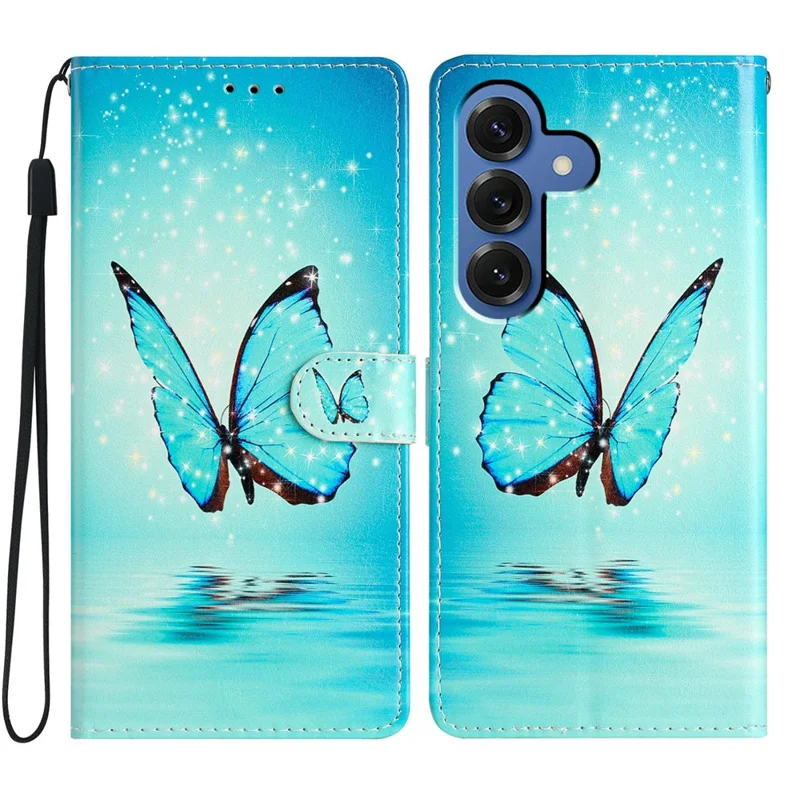 For Samsung Galaxy S26 / S26 Pro Wallet Case PU Leather Pattern Printing Stand Phone Cover with Strap - Blue Butterfly