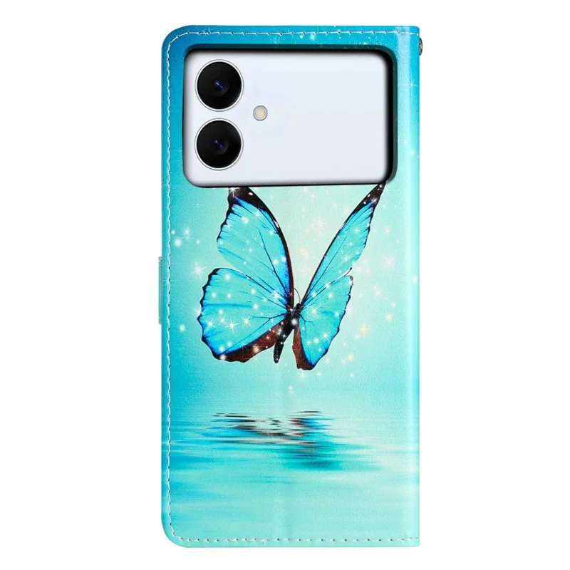 For Samsung Galaxy S26 Edge Wallet Case PU Leather Pattern Printing Stand Phone Cover with Strap - Blue Butterfly