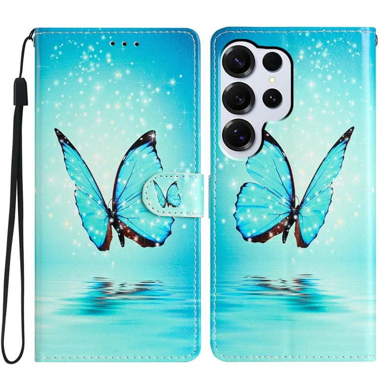 For Samsung Galaxy S26 Ultra Wallet Case PU Leather Pattern Printing Stand Phone Cover with Strap - Blue Butterfly