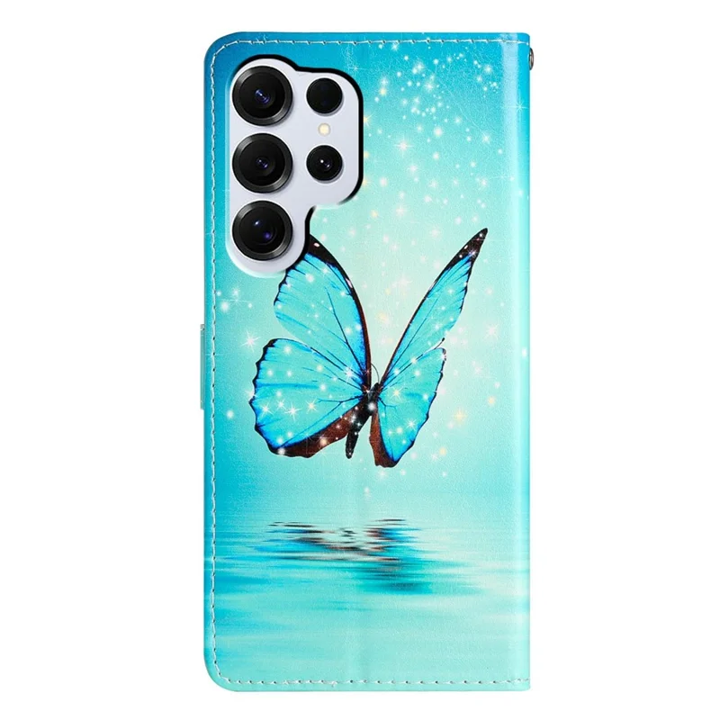 For Samsung Galaxy S26 Ultra Wallet Case PU Leather Pattern Printing Stand Phone Cover with Strap - Blue Butterfly