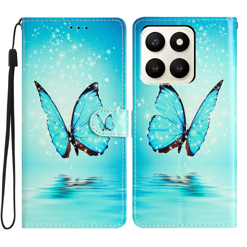 For Honor X7d 5G Wallet Case PU Leather Pattern Printing Stand Phone Cover with Strap - Blue Butterfly