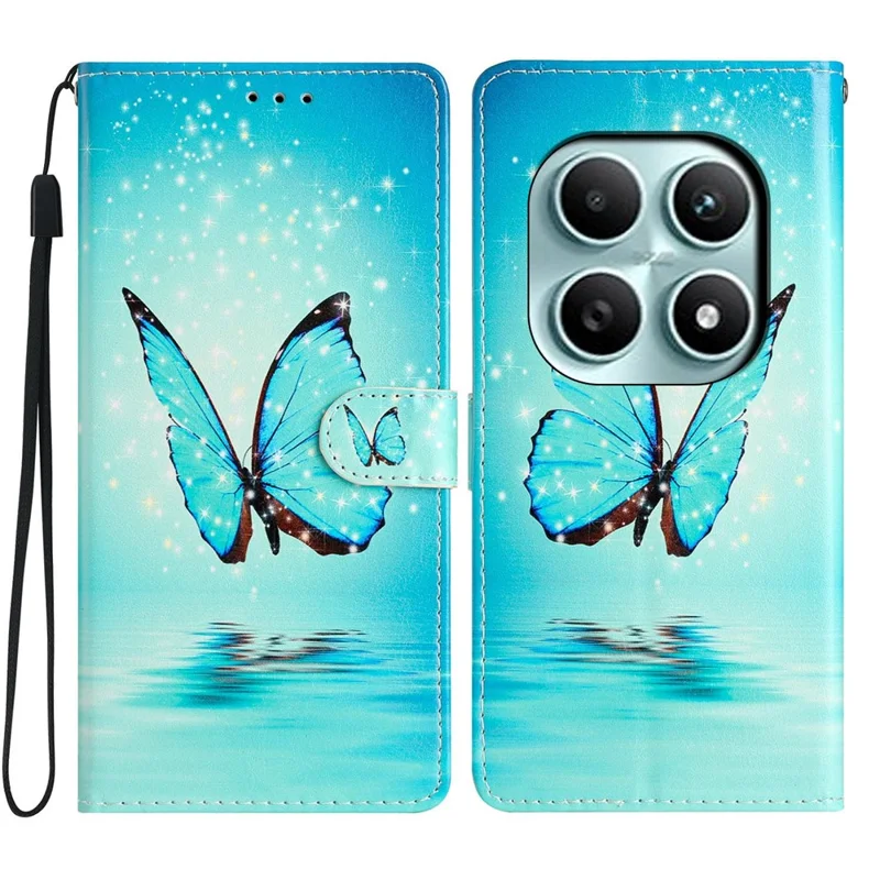 For Xiaomi Poco M8 5G / Redmi Note 15 5G (Global) Wallet Case PU Leather Pattern Printing Stand Phone Cover with Strap - Blue Butterfly