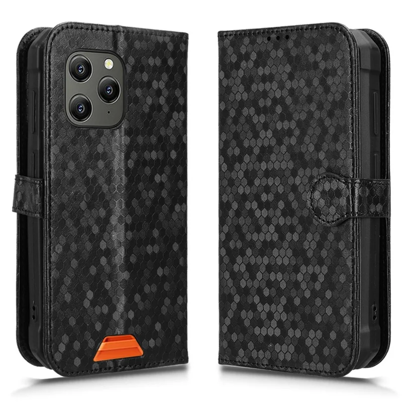 Futera portfelowa na telefon Blackview BV5300 / BV5300 Pro / BV5300 Plus / Oscal S70 / S70 Pro, pokryta sztuczną skórą PU z nadrukiem kropek, z paskiem na nadgarstek – Czarna