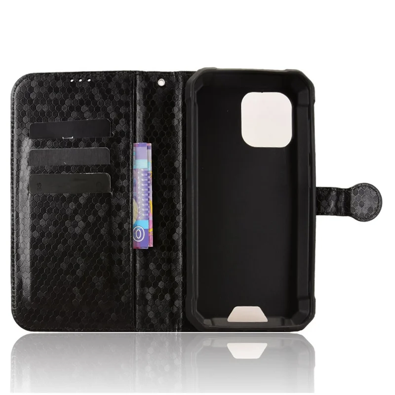 Futera portfelowa na telefon Blackview BV5300 / BV5300 Pro / BV5300 Plus / Oscal S70 / S70 Pro, pokryta sztuczną skórą PU z nadrukiem kropek, z paskiem na nadgarstek – Czarna