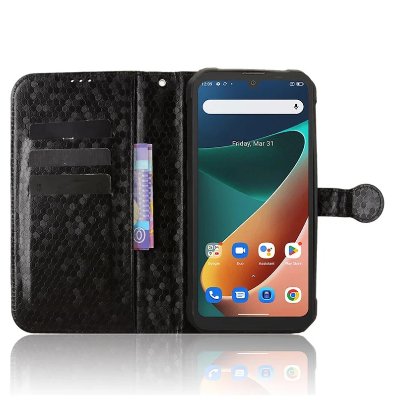 Futera portfelowa na telefon Blackview BV5300 / BV5300 Pro / BV5300 Plus / Oscal S70 / S70 Pro, pokryta sztuczną skórą PU z nadrukiem kropek, z paskiem na nadgarstek – Czarna