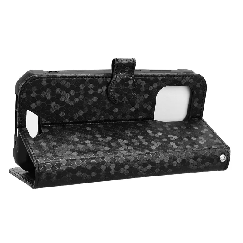 Futera portfelowa na telefon Blackview BV5300 / BV5300 Pro / BV5300 Plus / Oscal S70 / S70 Pro, pokryta sztuczną skórą PU z nadrukiem kropek, z paskiem na nadgarstek – Czarna