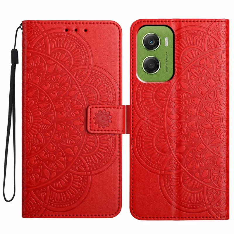 For Motorola Moto G06 4G Leather Case with Card Slots Mandala Pattern Phone Cover Stand - Red