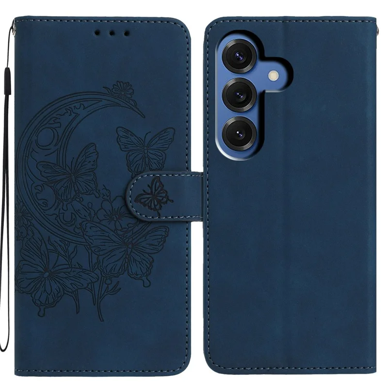 For Samsung Galaxy S26 Case Butterfly Flower Imprinted PU Leather Wallet Stand Phone Cover - Blue