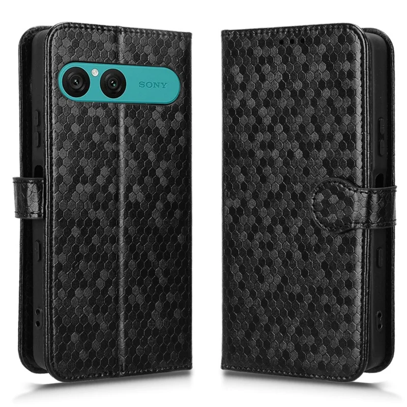 For Sony Xperia 10 VII Wallet Case Dot Pattern Imprint PU Leather Phone Cover with Wrist Strap - Black