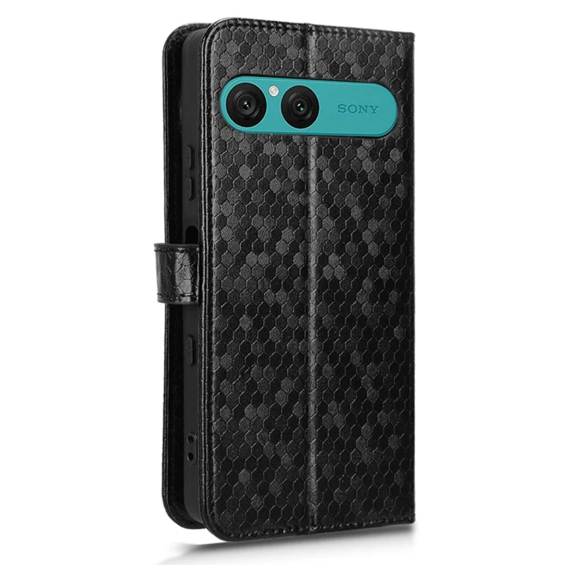 For Sony Xperia 10 VII Wallet Case Dot Pattern Imprint PU Leather Phone Cover with Wrist Strap - Black