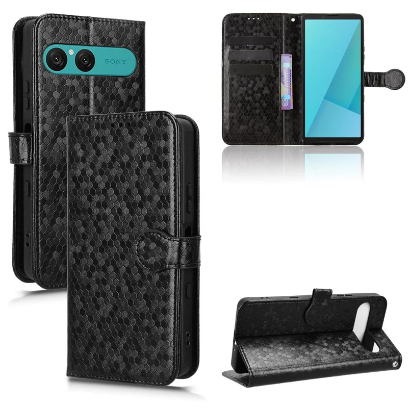 For Sony Xperia 10 VII Wallet Case Dot Pattern Imprint PU Leather Phone Cover with Wrist Strap - Black