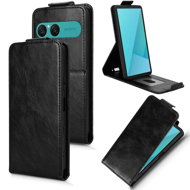 For Sony Xperia 10 VII Stand Case Magnetic Clasp Vertical Flip Leather Phone Cover with Card Holder - Black
