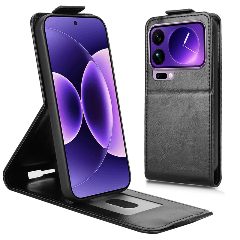 Futera na Xiaomi 17 Pro Max z funkcją uchwytu, magnetyczny zamek, pionowa odchylana obudowa z skóry z uchwytem na kartę - Czarny