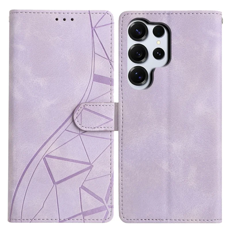 For Samsung Galaxy S26 Ultra Case Wallet Stand Imprinted Triangle Pattern Leather Phone Flip Cover - Purple