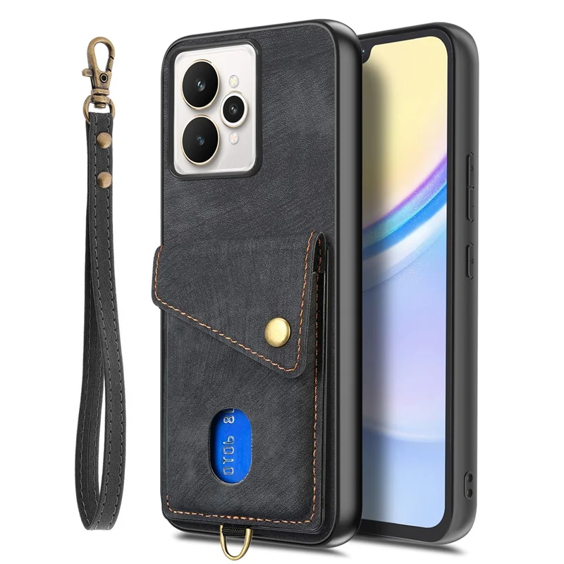 For Realme 15 5G Case with Card Holder Kickstand Leather Phone Back Cover - Black