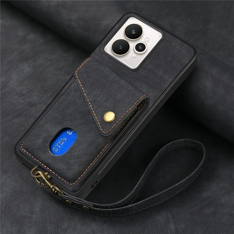 For Realme 15 5G Case with Card Holder Kickstand Leather Phone Back Cover - Black
