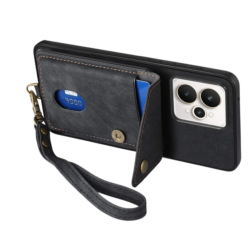 For Realme 15 5G Case with Card Holder Kickstand Leather Phone Back Cover - Black