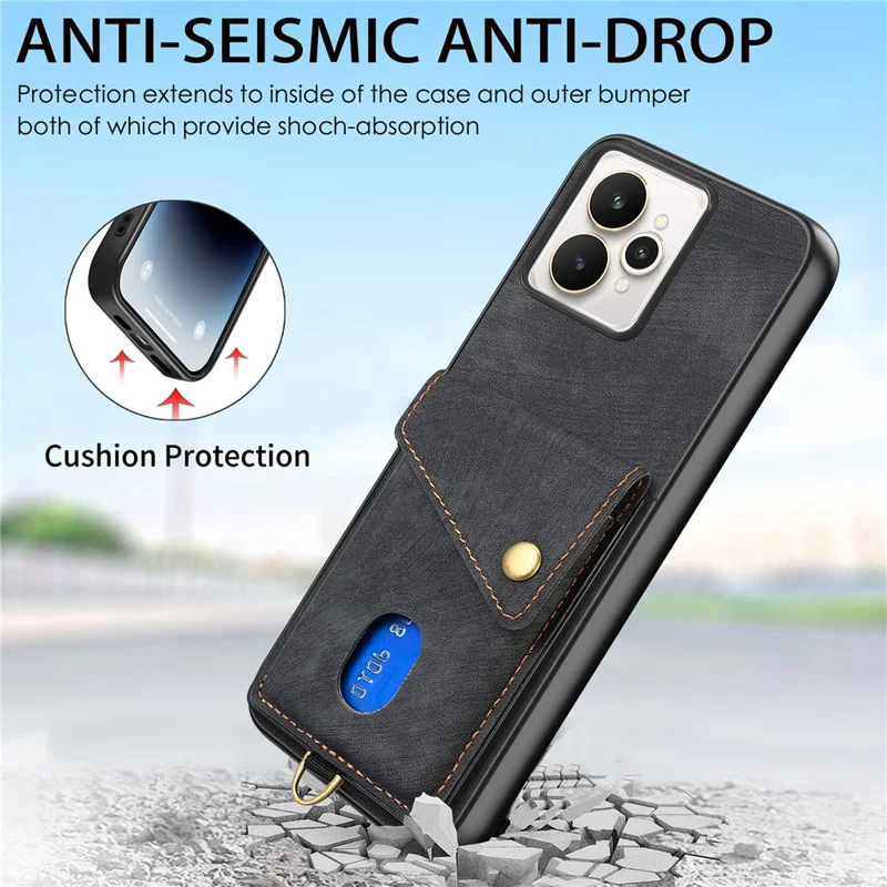 For Realme 15 5G Case with Card Holder Kickstand Leather Phone Back Cover - Black