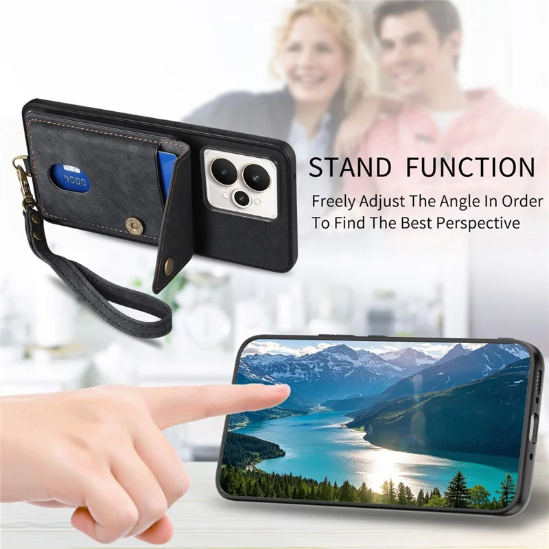 For Realme 15 5G Case with Card Holder Kickstand Leather Phone Back Cover - Black