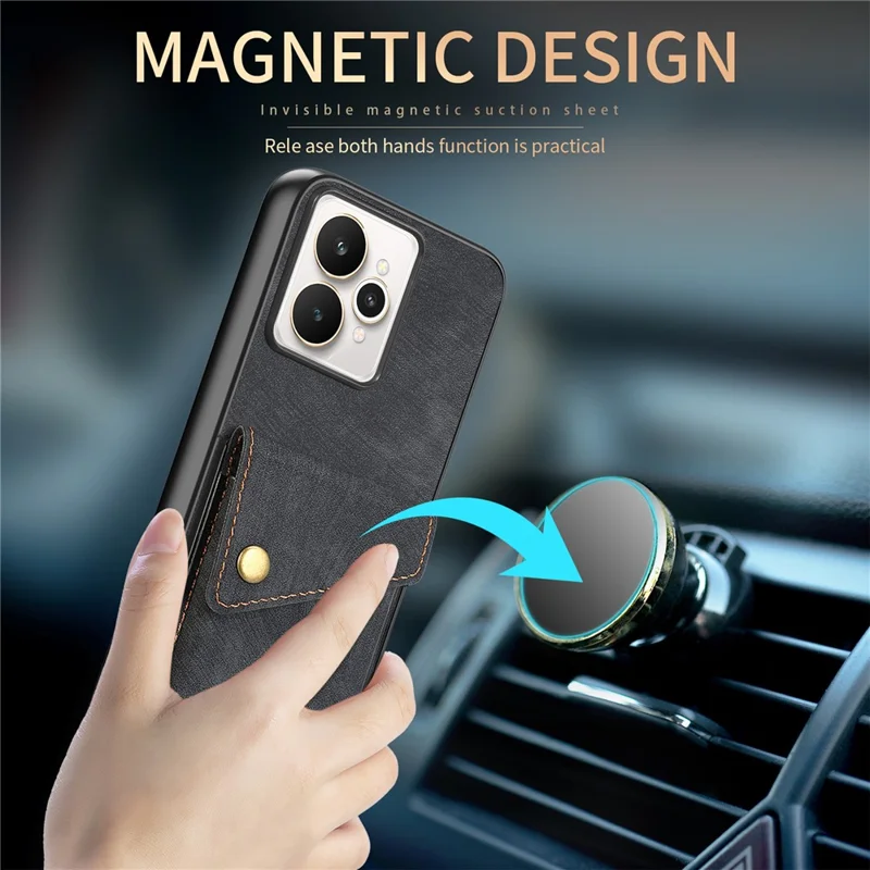 For Realme 15 5G Case with Card Holder Kickstand Leather Phone Back Cover - Black