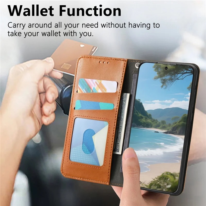 For iPhone 17 Pro Max Case Wallet Tri-Color Stitching Leather Phone Cover with Elastic Wristband - Brown