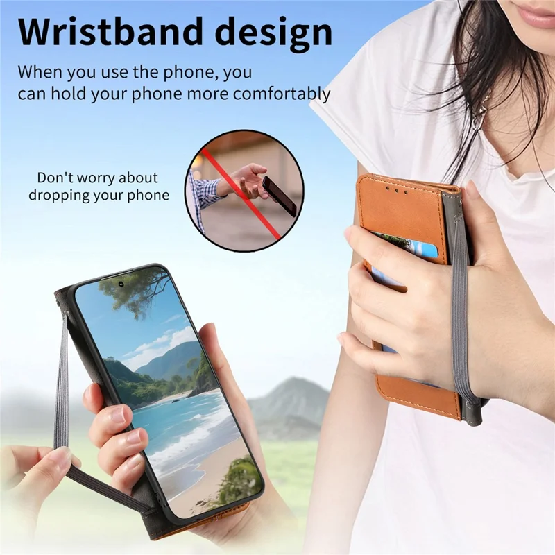 For iPhone 17 Pro Max Case Wallet Tri-Color Stitching Leather Phone Cover with Elastic Wristband - Brown
